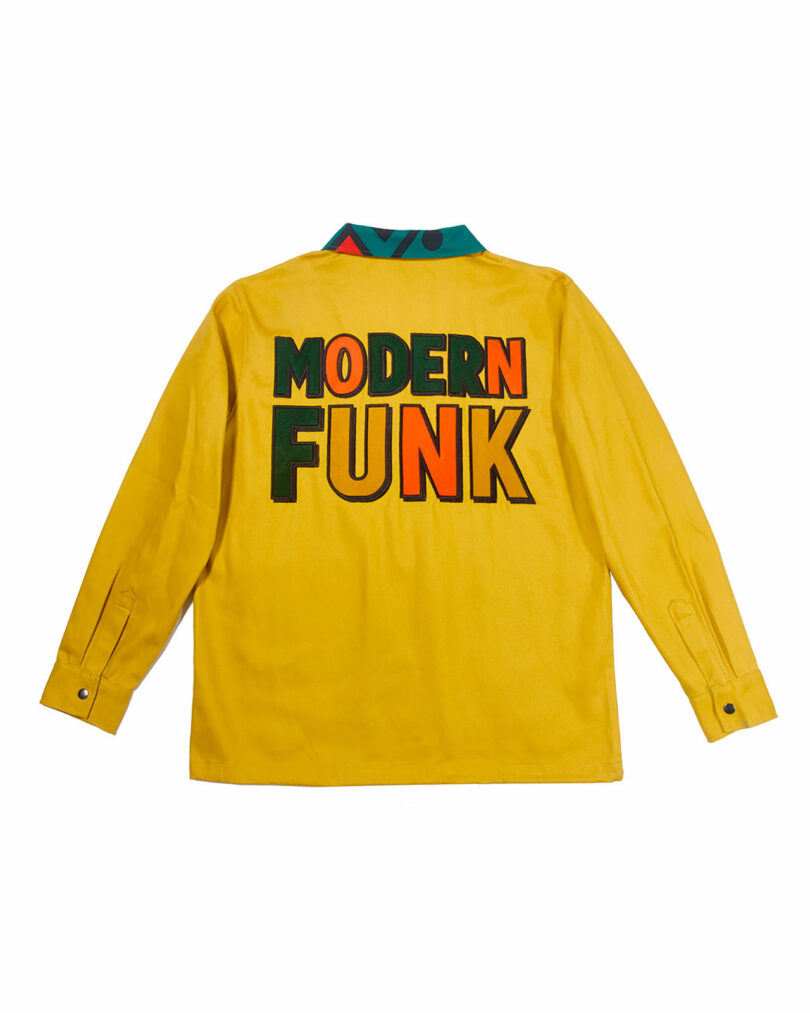 A yellow long-sleeve shirt inspired by Cedric Mitchell JOOPITER, featuring "MODERN FUNK" in large, bold, multicolored letters on the back.