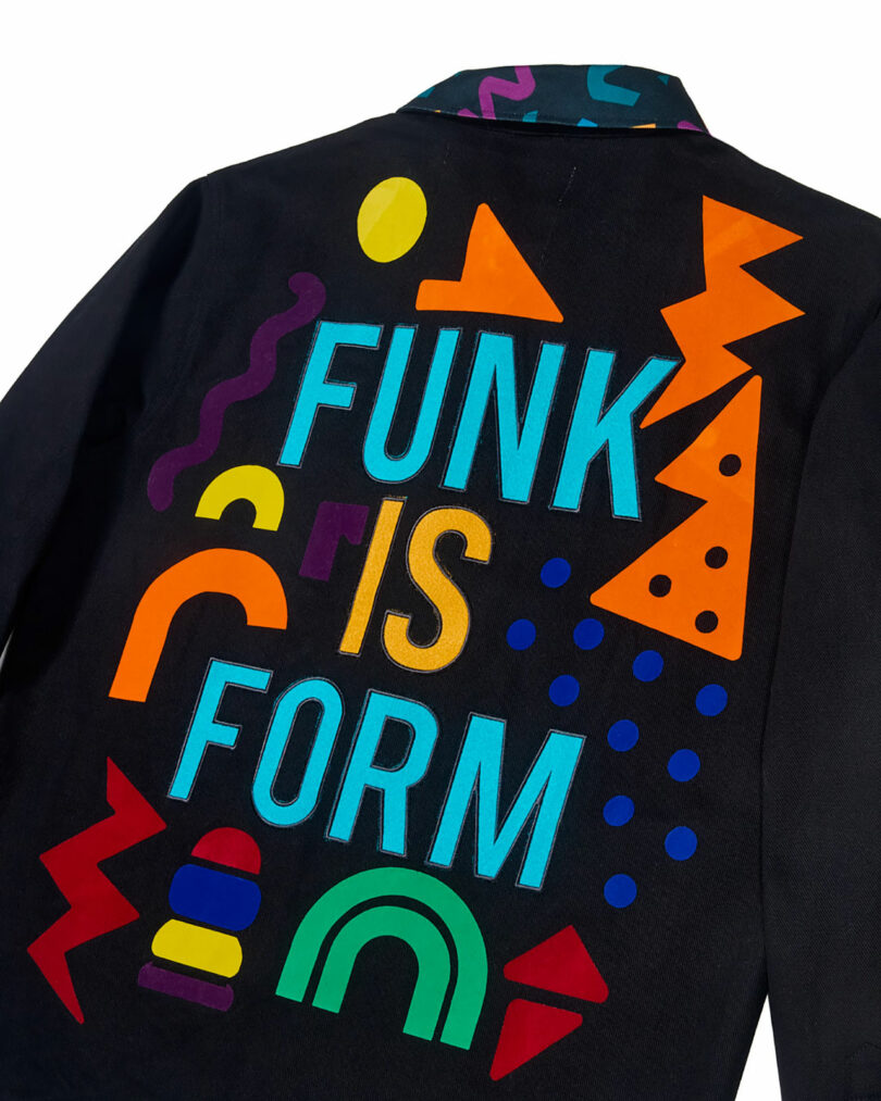 A black jacket featuring colorful geometric shapes and bold "FUNK IS FORM" text on the back, inspired by Cedric Mitchell JOOPITER's vibrant style.