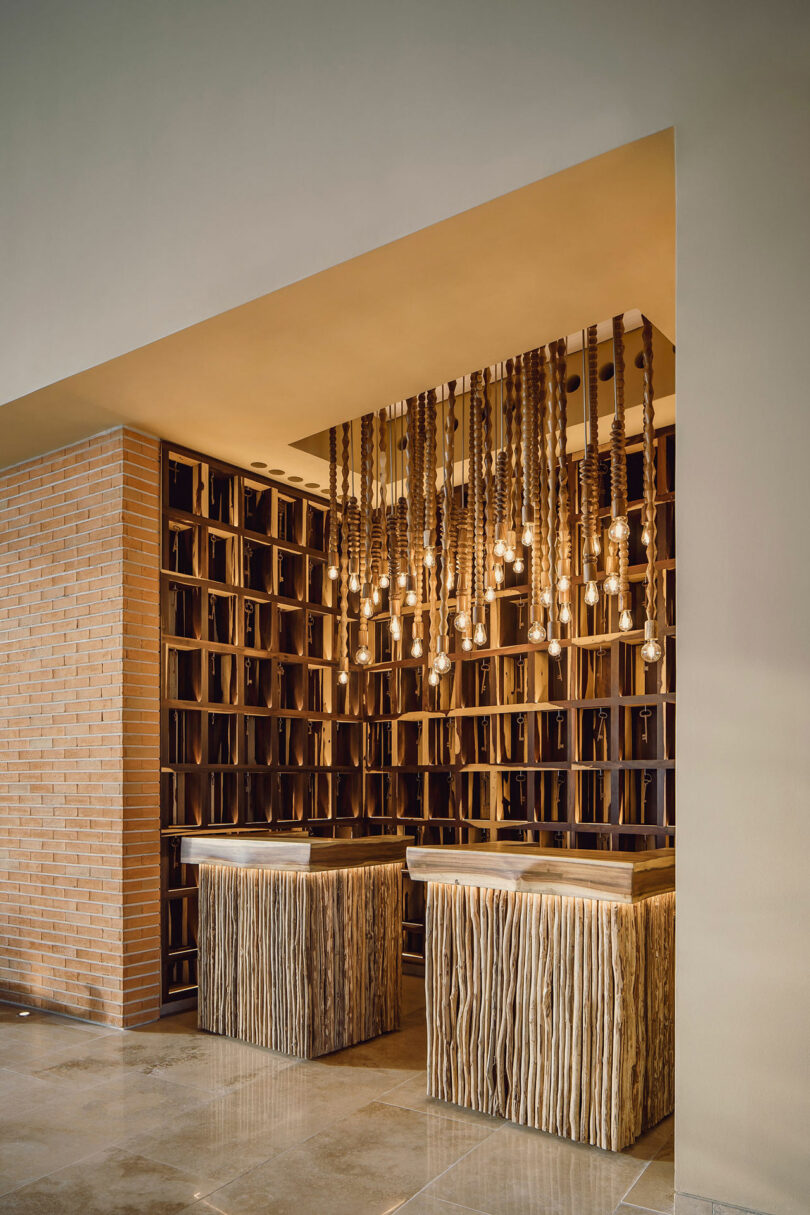 Modern reception area with two wood-textured desks, hanging exposed light bulbs, a brick wall on the left, and decorative shelving on the back wall.