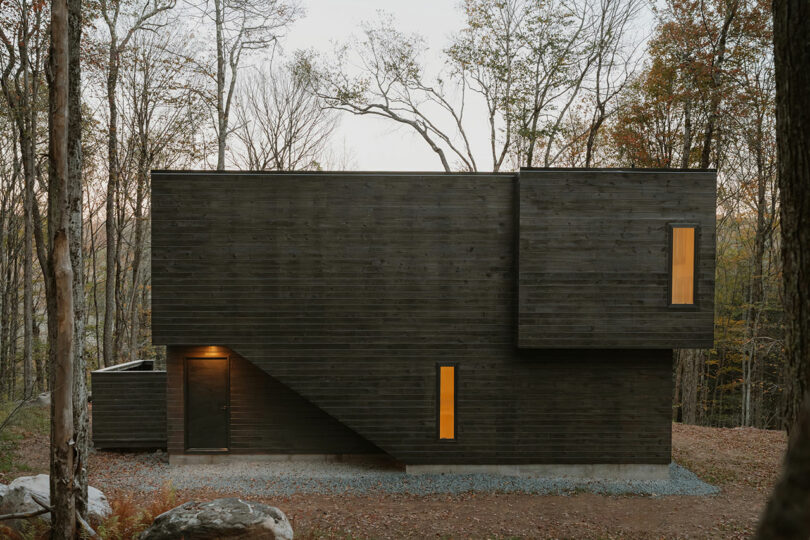 A modern, box-shaped house with dark wooden siding stands in a wooded area; two narrow windows and one exterior light are visible.