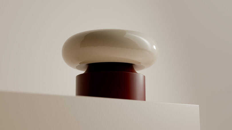 A glossy, rounded beige object rests on a cylindrical dark brown base placed on a light-colored, flat surface against a neutral background.