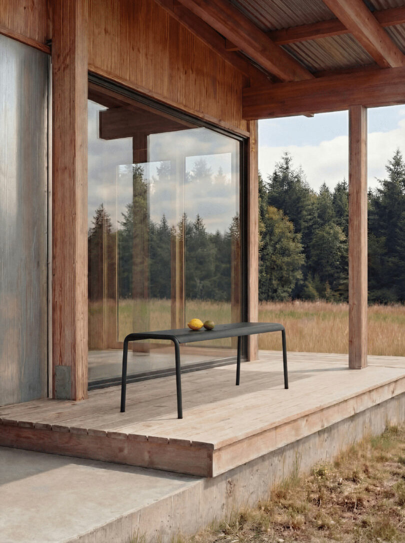 A black bench with two pieces of fruit tiptoe across a concrete porch outside a wooden house, with glass doors reflecting trees and a grassy field in the background.