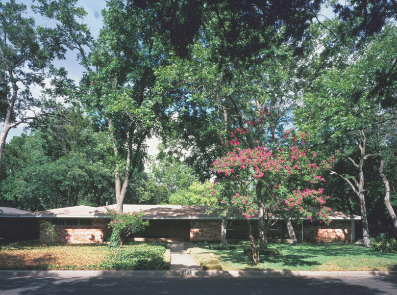 Single-story brick house with a low roof surrounded by large leafy trees and a flowering pink tree in the front yard, viewed from the street.